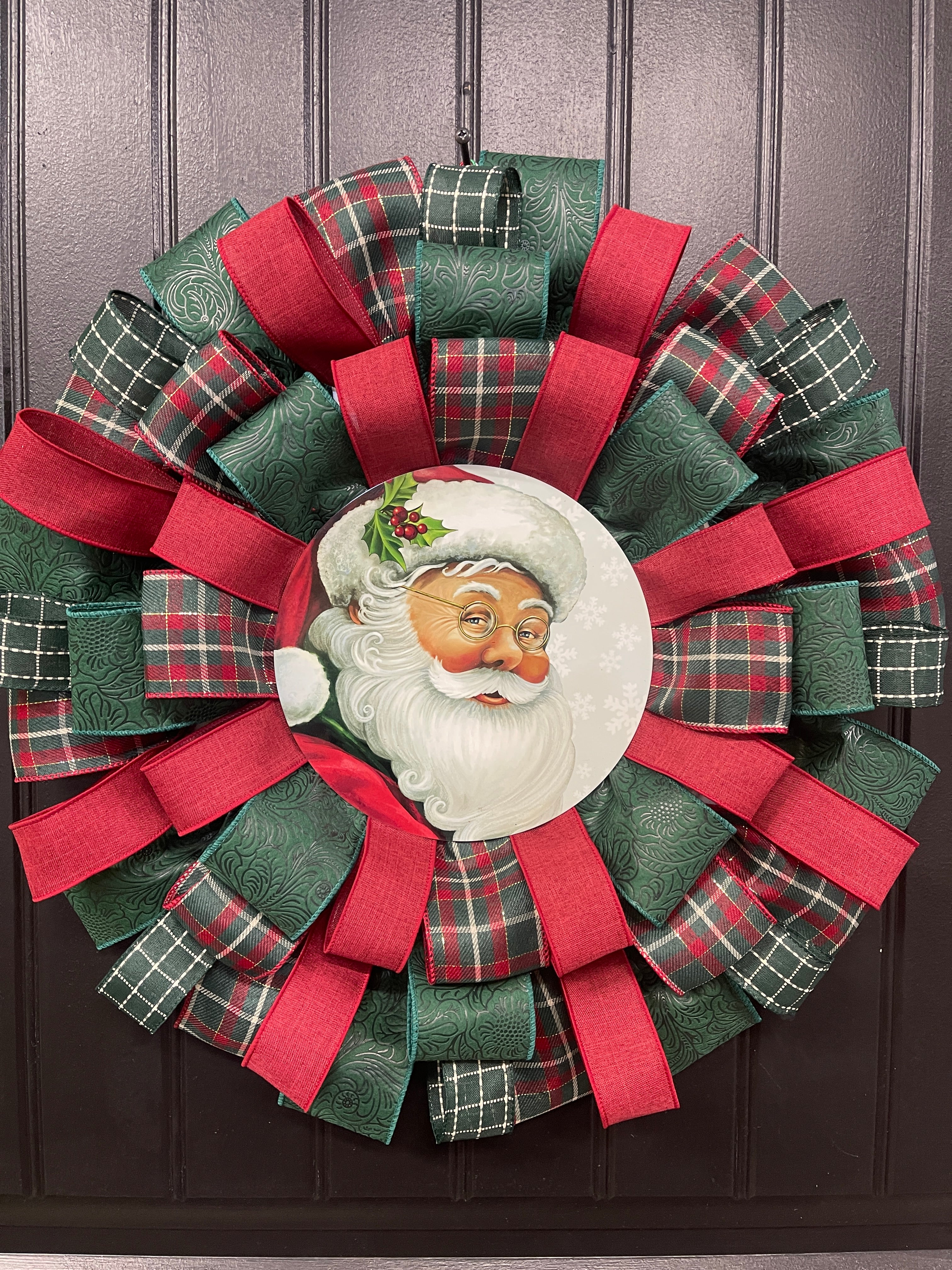 Classic Santa Christmas Ribbon Wreath, Holiday Front Storm Door Decor, KatsCreationsNMore