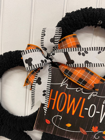 Black Dog Paw Print Chenille Yarn Happy Halloween Wreath by KatsCreationsNMore
