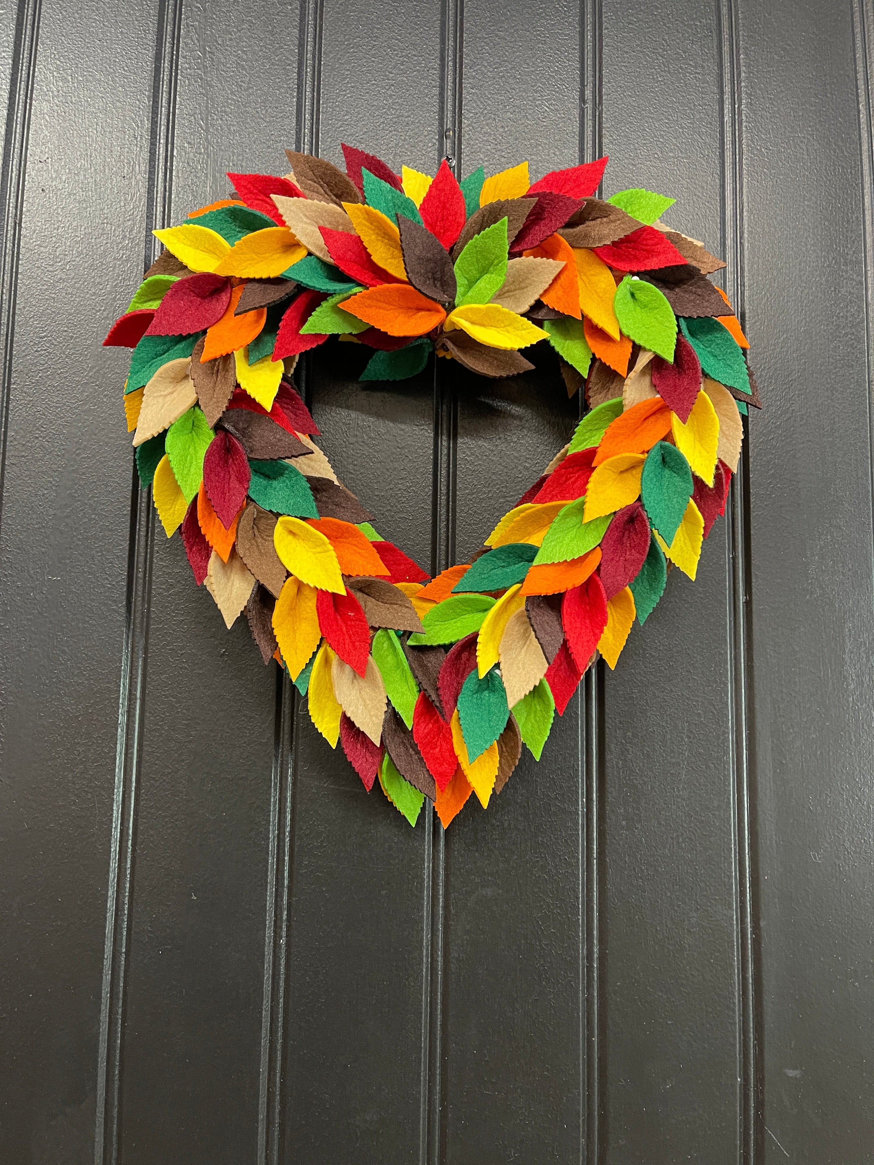 Colorful Felt Leaf Heart Wreath – 14” Fall Storm Door Wreath – Autumn Decor – Handmade Heart-Shaped Wreath – Cozy Seasonal Home Accent, KatsCreationsNMore