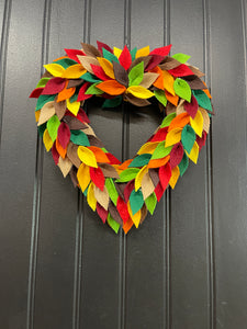 Colorful Felt Leaf Heart Wreath – 14” Fall Storm Door Wreath – Autumn Decor – Handmade Heart-Shaped Wreath – Cozy Seasonal Home Accent, KatsCreationsNMore