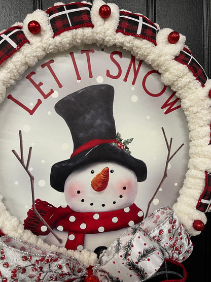 Winter Snowman Let It Snow Wreath, Buffalo Plaid Christmas Storm Door Decor, KatsCreationsNMore