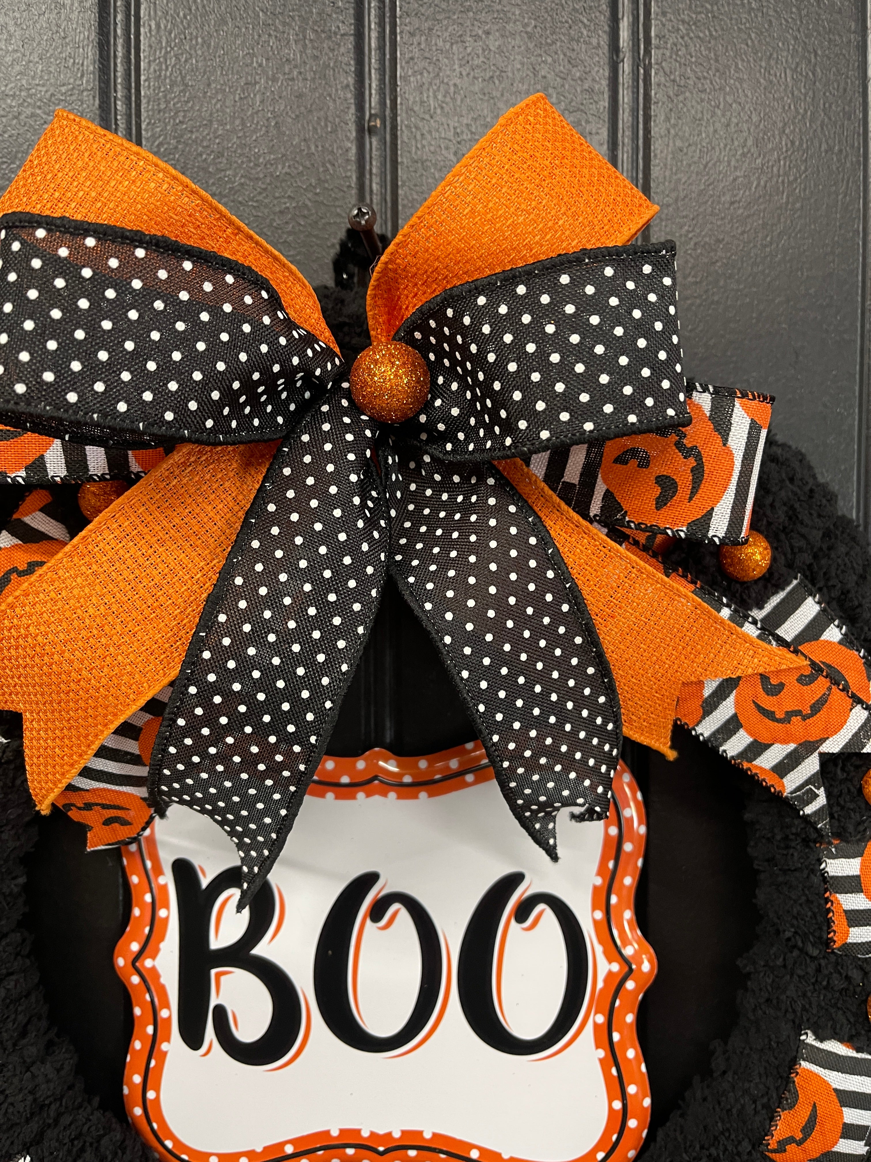 Halloween “BOO” Wreath for Front Door – 16-Inch Black & Orange Jack-O’-Lantern Wreath – Storm Door Friendly - KatsCreationsNMore