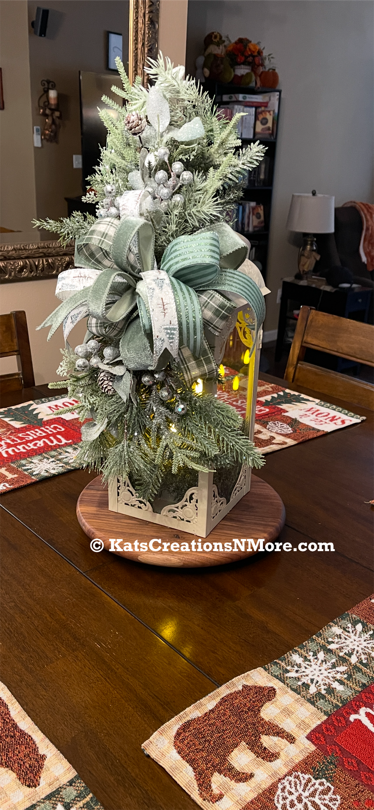 Winter Frost Lantern Centerpiece | Frosted Greenery & Sage Bow Christmas Table Decor | Rustic Farmhouse Holiday Arrangement | KatsCreationsNMore