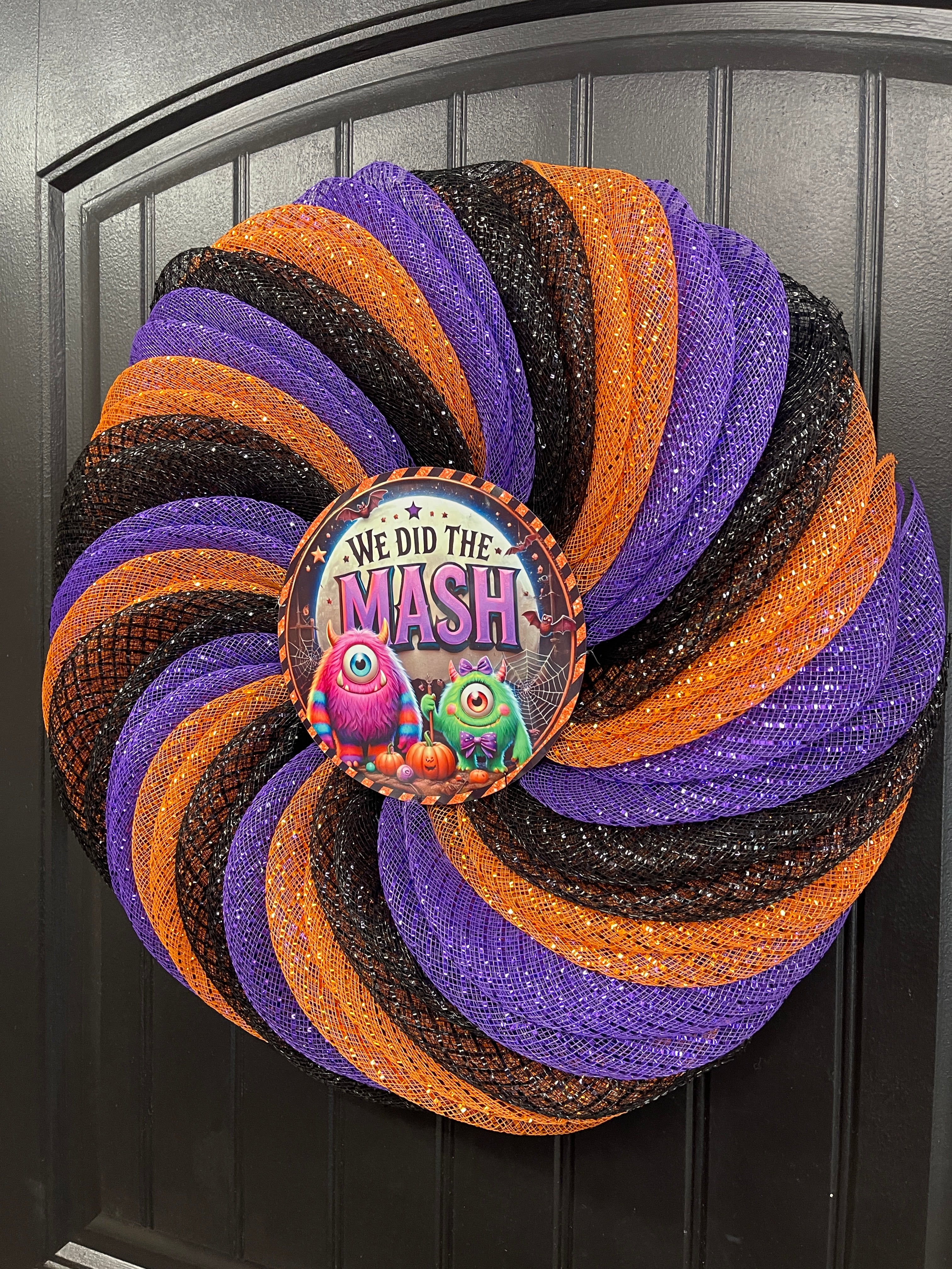 We Did the Mash Halloween Wreath – Monster Mash Spiral Deco Mesh Wreath in Orange, Black & Purple – Spooky Cute Door Decor - KatsCreationsNMore
