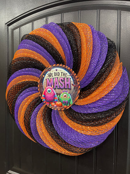 We Did the Mash Halloween Wreath – Monster Mash Spiral Deco Mesh Wreath in Orange, Black & Purple – Spooky Cute Door Decor - KatsCreationsNMore