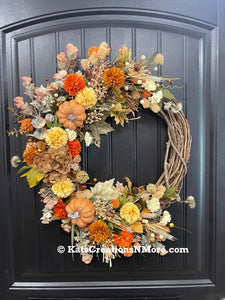 Fall Pumpkin & Floral Grapevine Wreath – Warm Autumn Harvest Door Decor, KatsCreationsNMore