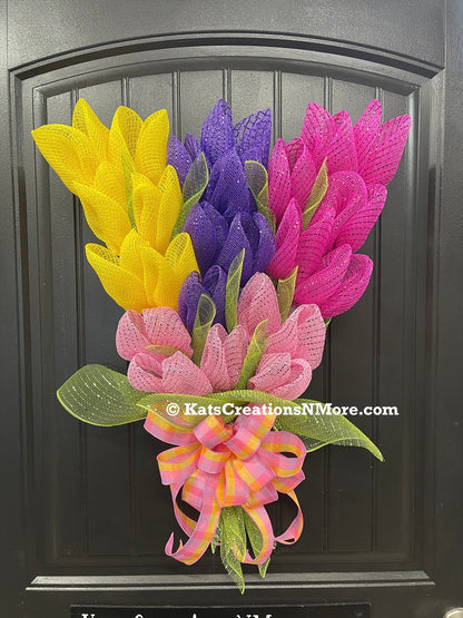 Spring Deco Mesh Tulip Bouquet Wreath, Floral Swag Front Door Decor, KatsCreationsNMore
