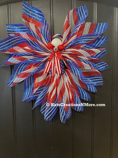 Liberty Patriotic Limited Edition Deco Mesh Angel Tree Topper, America’s 250th Birthday Celebration Front Door Decor, KatsCreationsNMore