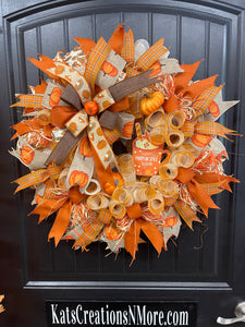 Pumpkin Spice Fall Wreath with Cinnamon Sticks – Cozy Farmhouse Autumn Door Décor, KatsCreationsNMore