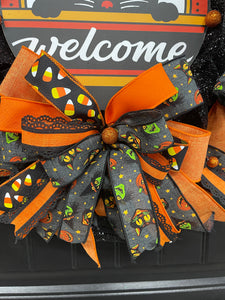Scaredy Cats Halloween Welcome Wreath – Black Cat, Candy Corn, Jack-o’-Lanterns – Front Door Halloween Decor, KatsCreationsNMore