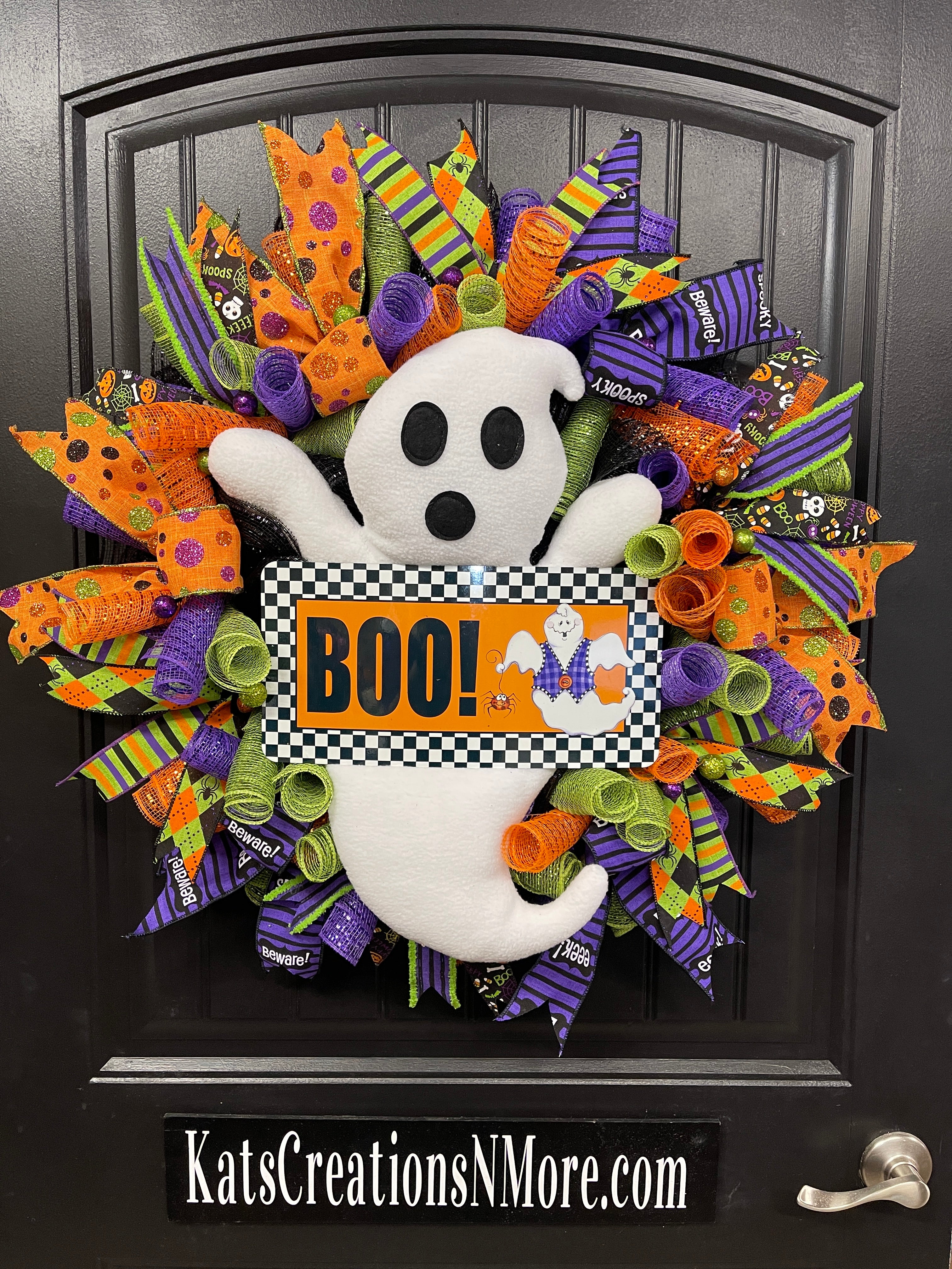 Ghost Halloween Wreath for Front Door – Cute Spooky Deco Mesh Wreath with Plush Ghost and Ribbons – Handmade Halloween Decor -  KatsCreationsNMore