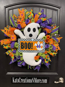 Ghost Halloween Wreath for Front Door – Cute Spooky Deco Mesh Wreath with Plush Ghost and Ribbons – Handmade Halloween Decor -  KatsCreationsNMore