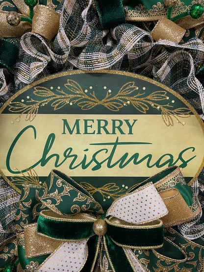 Elegant Victorian Green & Gold Merry Christmas Wreath | Handmade Holiday Door Decor | Velvet Ribbon Christmas Wreath | KatsCreationsNMore