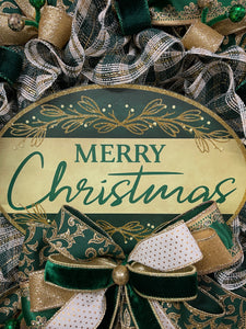 Elegant Green & Gold Merry Christmas Wreath | Handmade Holiday Door Décor | Velvet Ribbon Christmas Wreat
