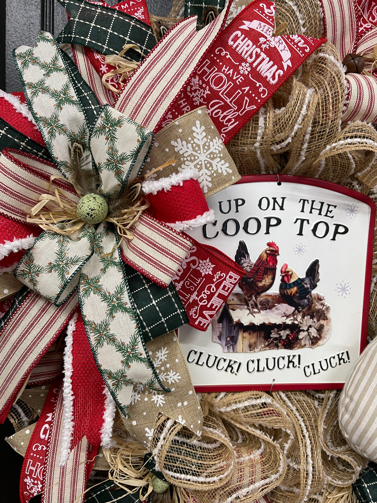 Up on the Coop Top Christmas Chicken Wreath, Farmhouse Country Xmas Front Door Decor, KatsCreationsNMore