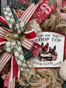 Up on the Coop Top Christmas Chicken Wreath, Farmhouse Country Xmas Front Door Decor, KatsCreationsNMore