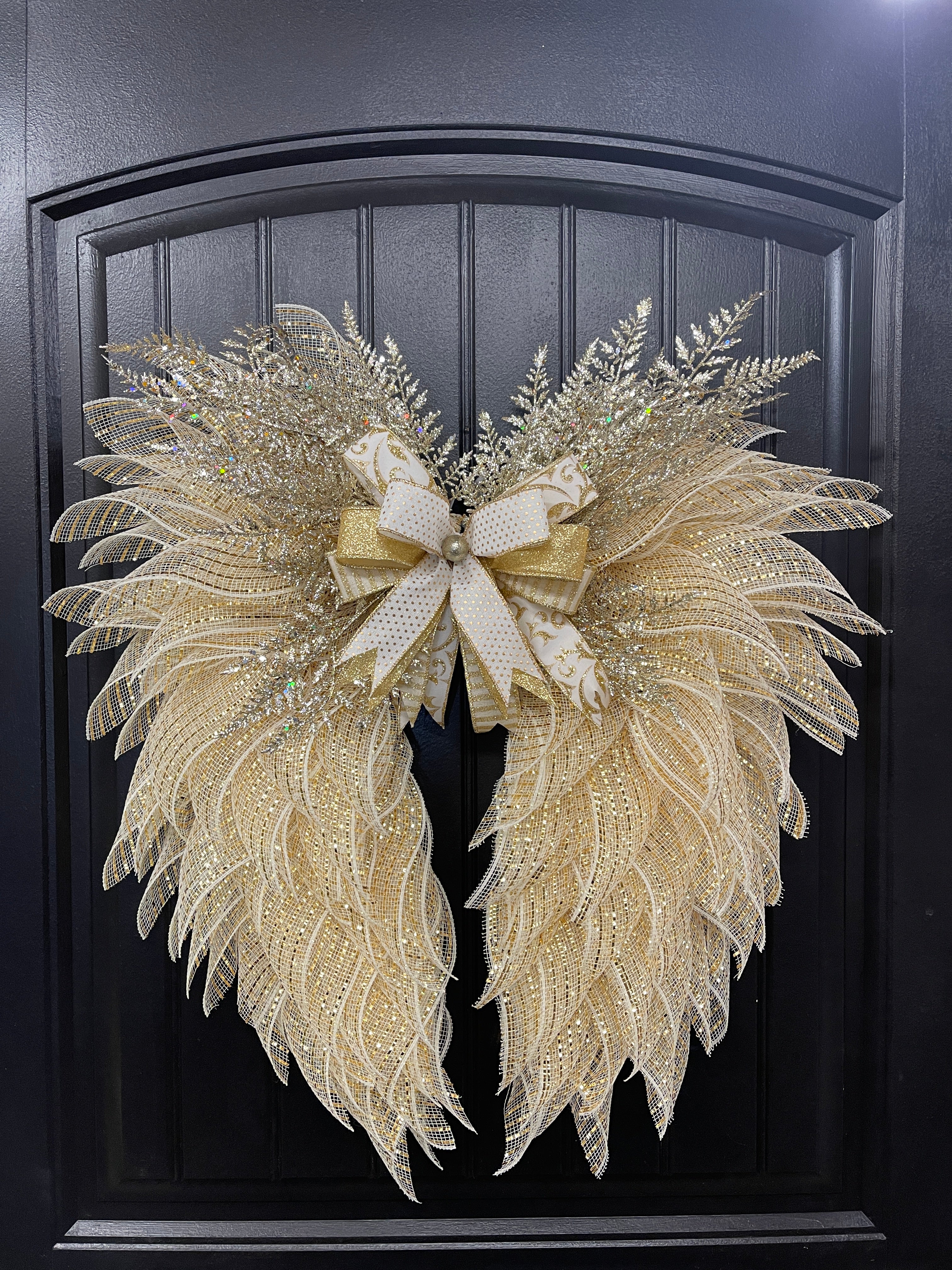 Gold and Cream Angel Wings Wreath, Christmas Holiday Angel Floral Wreath, KatsCreationsNMore