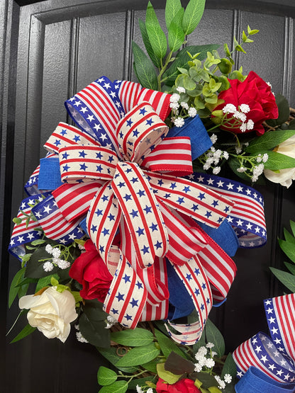 Patriotic Floral Rose Grapevine Double Bow Wreath, 4th of July Front Door Decoration, KatsCreationsNMore