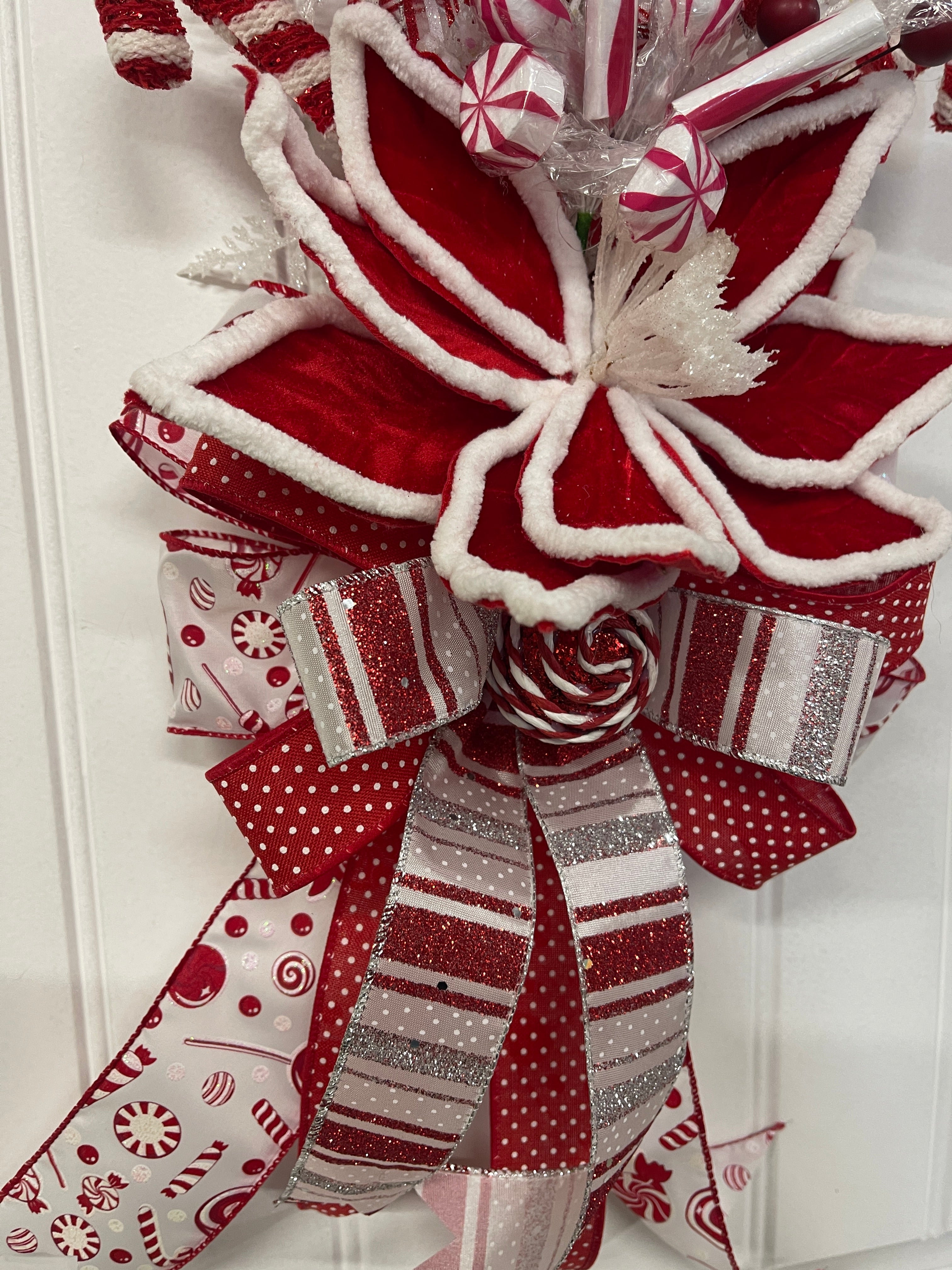 Double Sided Candy Cane Poinsettia Door Ribbon Swag, Holiday Storm Door Decor, KatsCreationsNMore