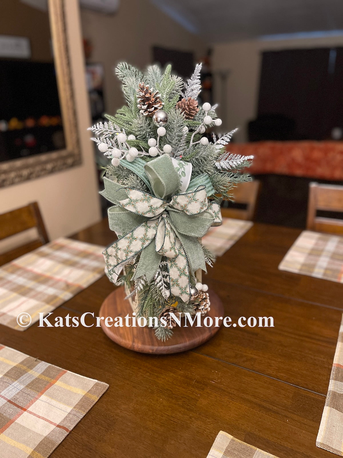 Winter Lantern Swag with Sage Bow & Frosted Greenery