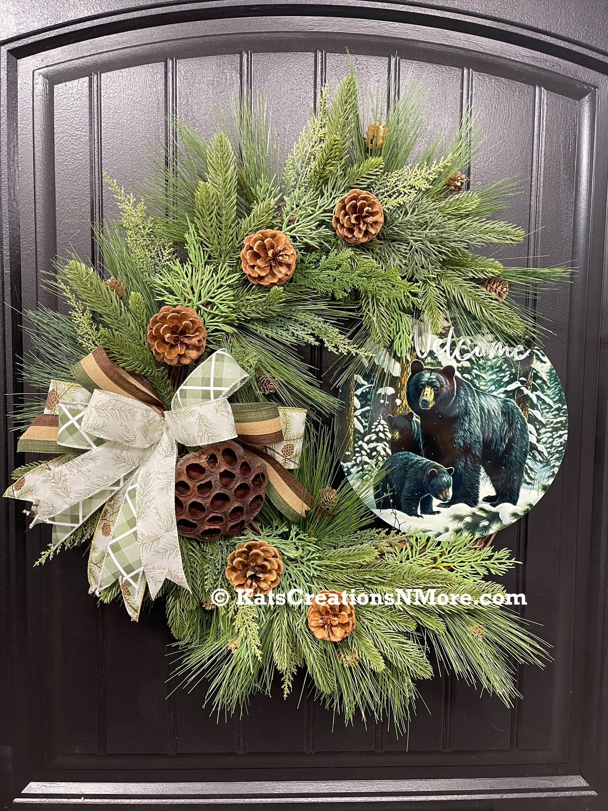 Black Bear Welcome Grapevine Wreath, Balsam and Pine Front Door Decor, KatsCreationsNMore
