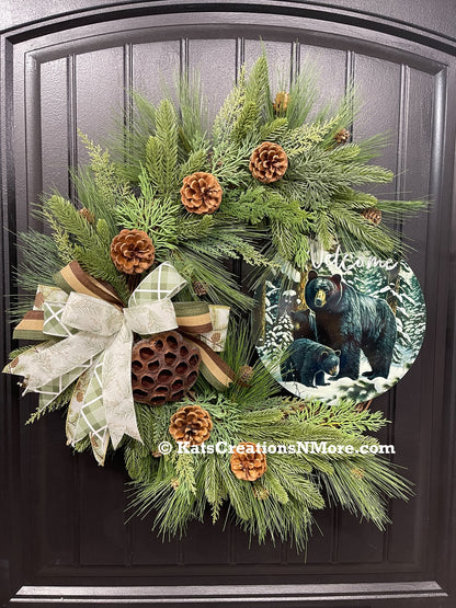 Black Bear Welcome Grapevine Wreath, Balsam and Pine Front Door Decor, KatsCreationsNMore