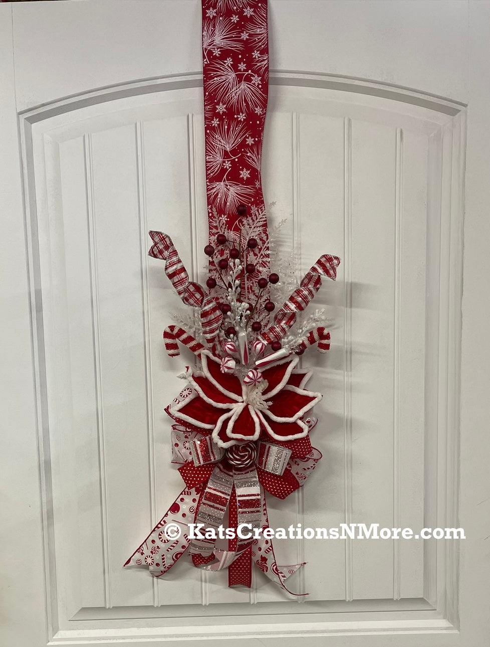 Double Sided Candy Cane Poinsettia Door Ribbon Swag, Holiday Storm Door Decor, KatsCreationsNMore