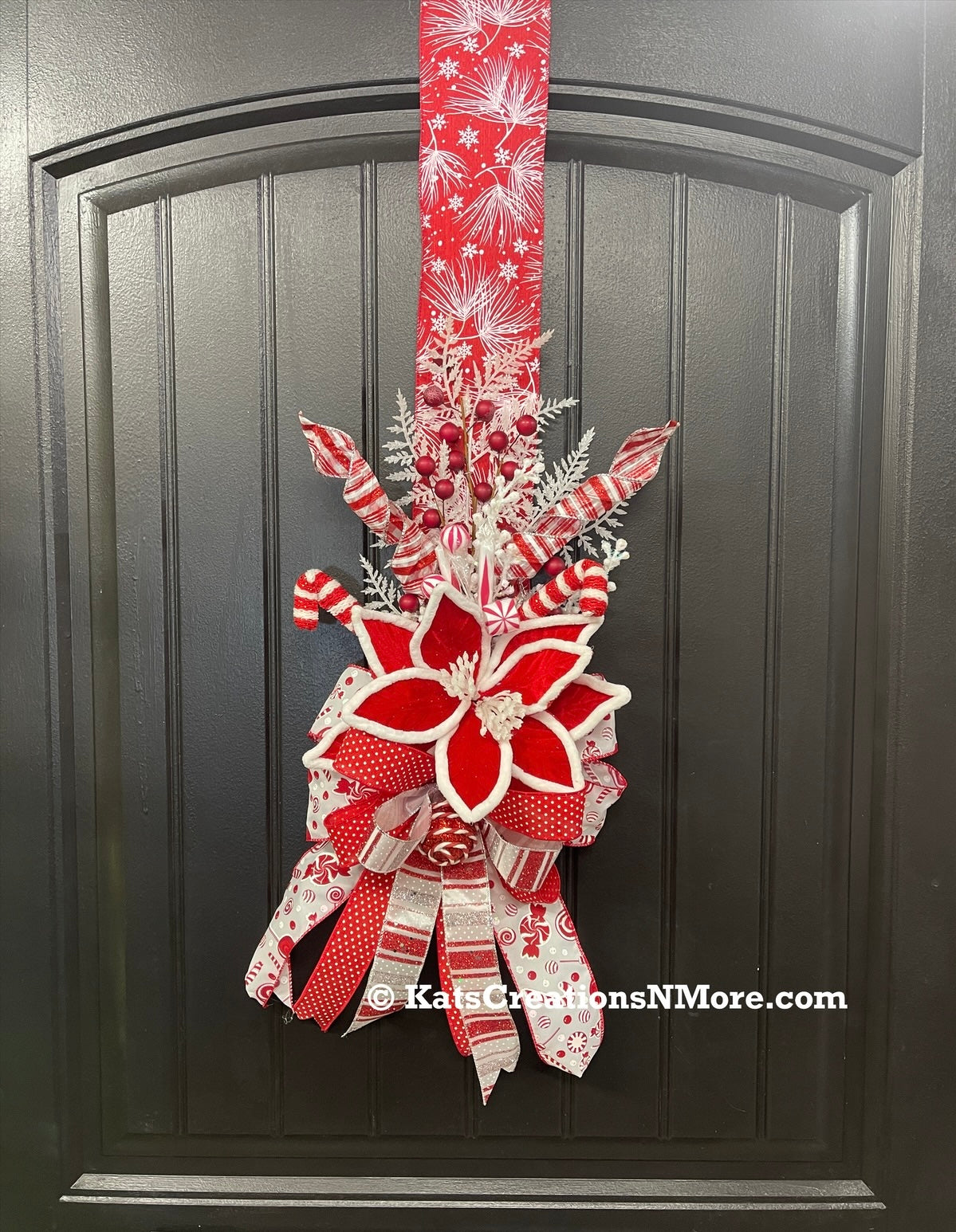 Double Sided Candy Cane Poinsettia Door Ribbon Swag, Holiday Storm Door Decor, KatsCreationsNMore