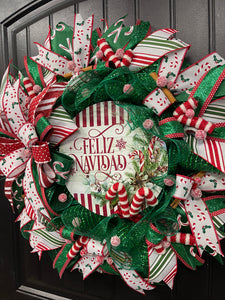 Feliz Navidad Candy Cane Wreath, Hispanic Christmas Front Door Decor, KatsCreationsNMore