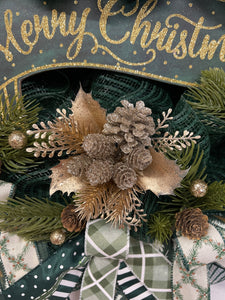 Merry Christmas Banner Wreath, Evergreen Winter Front Door Decor, KatsCreationsNMore