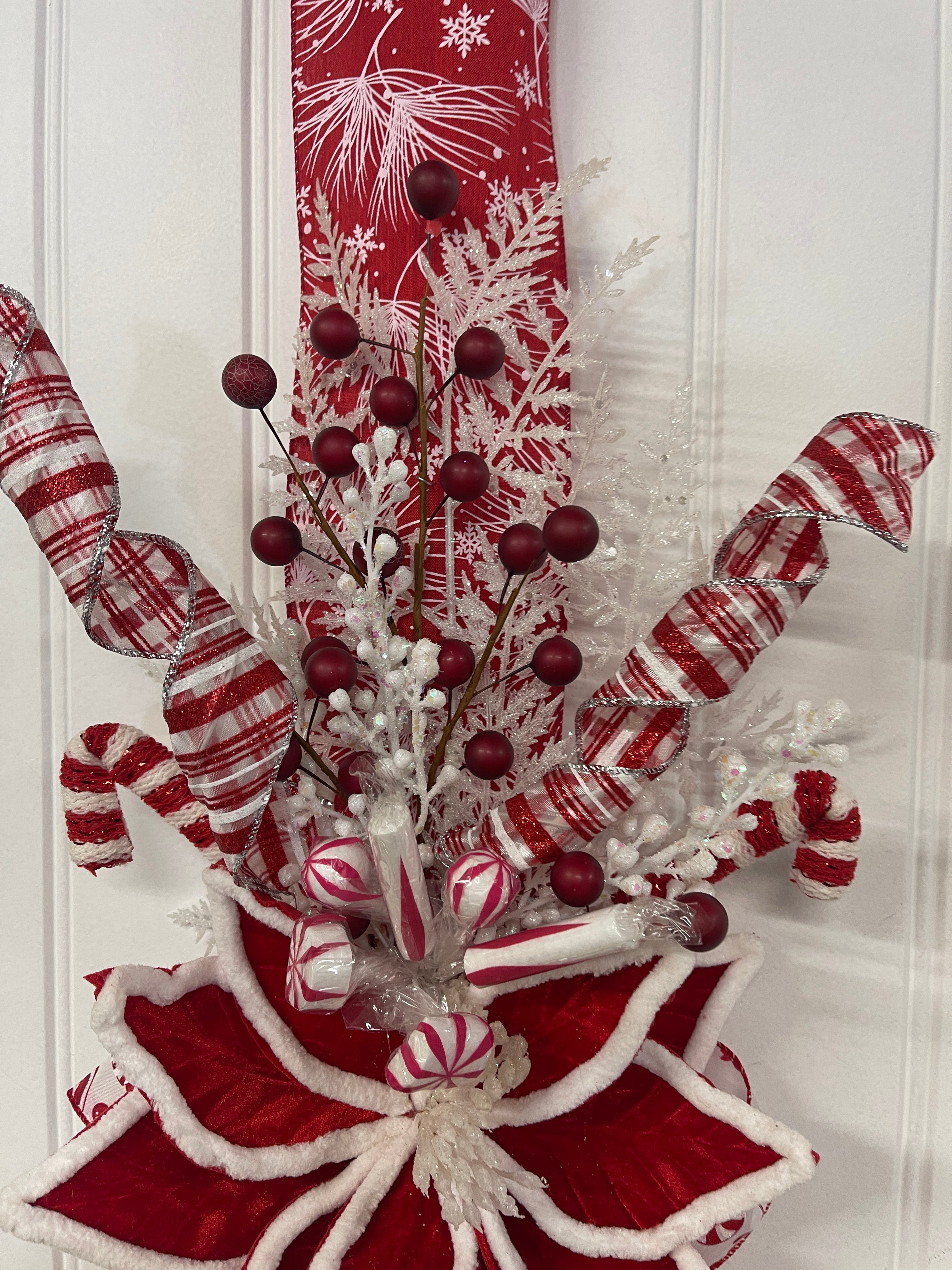 Double Sided Candy Cane Poinsettia Door Ribbon Swag, Holiday Storm Door Decor, KatsCreationsNMore