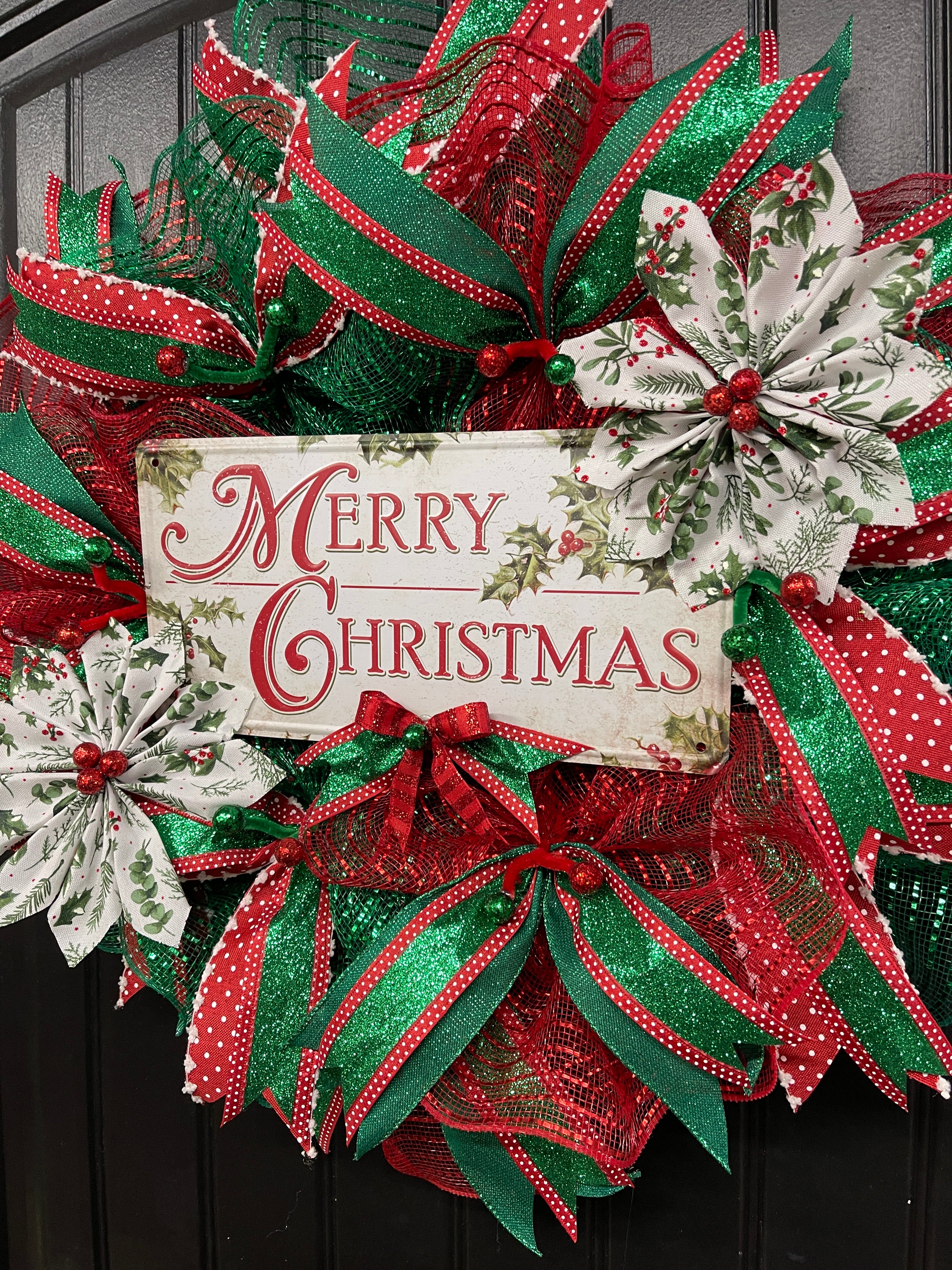 Merry Christmas Classic Deco Mesh Wreath — 25” Storm Door Friendly Holiday Door Décor | KatsCreationsNMore