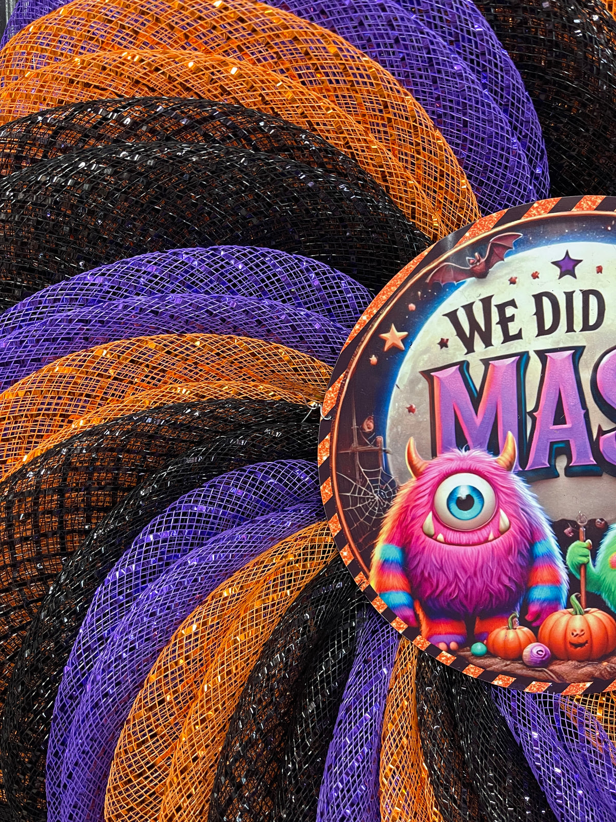 We Did the Mash Halloween Wreath – Monster Mash Spiral Deco Mesh Wreath in Orange, Black & Purple – Spooky Cute Door Decor - KatsCreationsNMore