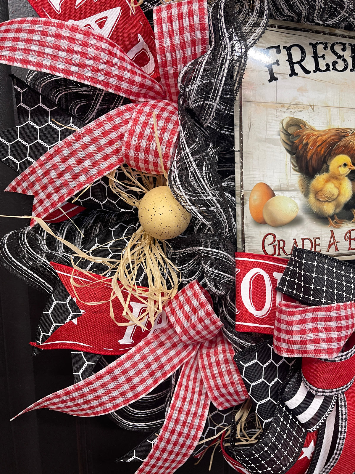 Farmhouse Chicken Wreath, Fresh Eggs Front Door Wreath, Rustic Chicken Wreath, Country Farmhouse Decor, Red Gingham Spring Summer Wreath, KatsCreationsNMore
