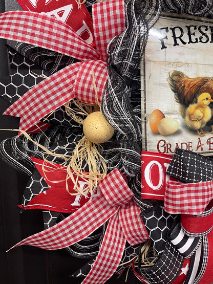 Farmhouse Chicken Wreath, Fresh Eggs Front Door Wreath, Rustic Chicken Wreath, Country Farmhouse Decor, Red Gingham Spring Summer Wreath, KatsCreationsNMore
