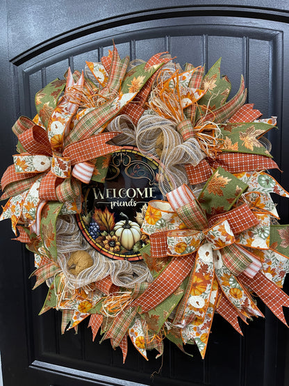 Rustic Welcome Friends Fall Pumpkin Wreath by KatsCreationsNMore