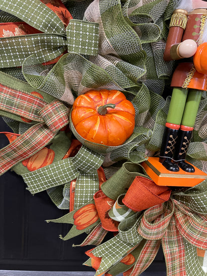Pumpkin Nutcracker Fall Wreath – Rustic Autumn Front Door Wreath with Pumpkins and Plaid Ribbon