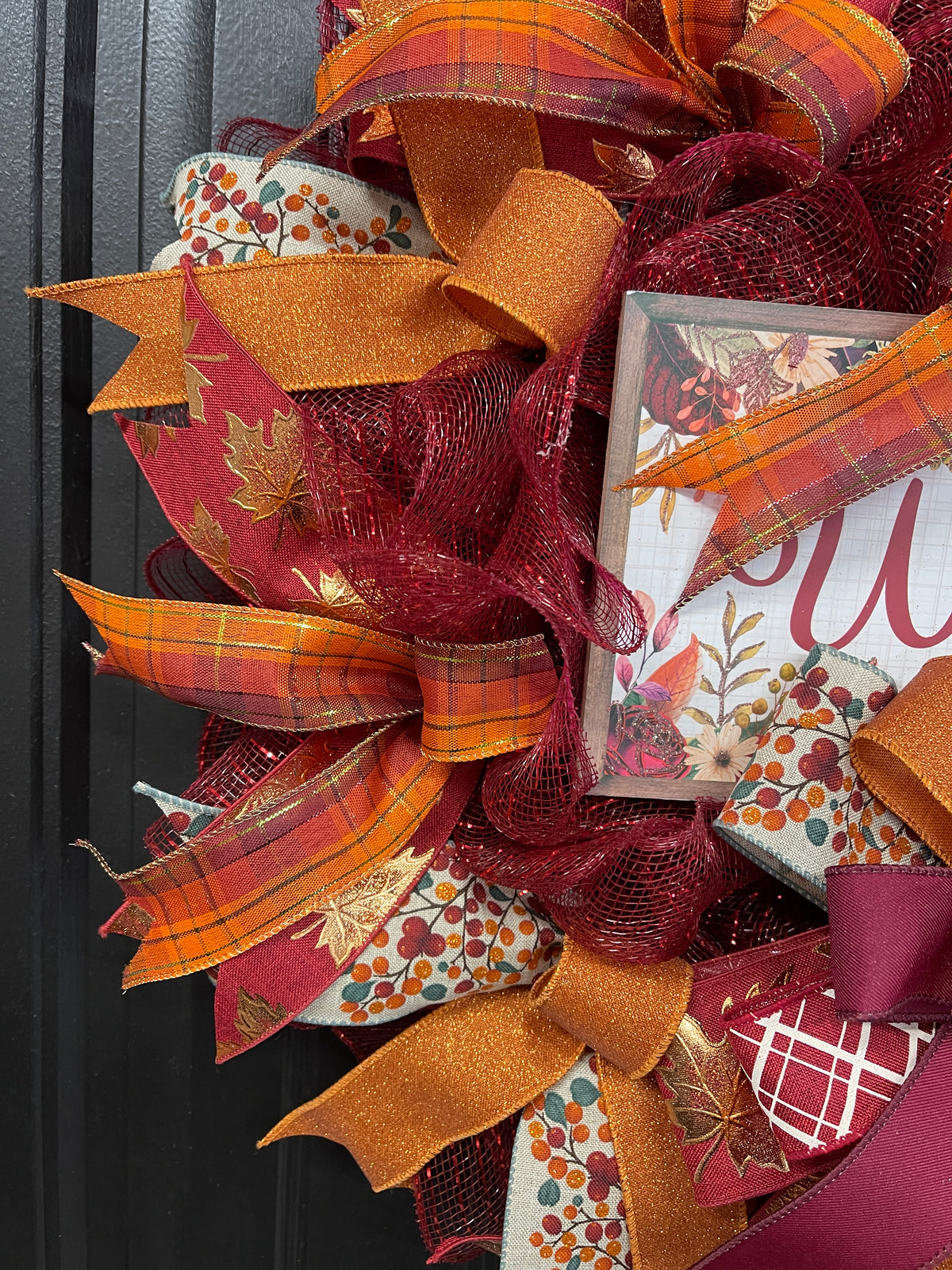 Autumn Welcome Wreath – Fall Front Door Decor with Burgundy, Orange, and Plaid Ribbons – Thanksgiving or Harvest Home Accent, KatsCreationsNMore