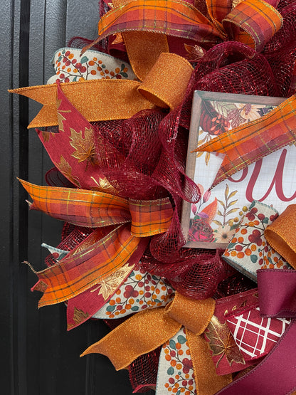 Autumn Welcome Wreath – Fall Front Door Decor with Burgundy, Orange, and Plaid Ribbons – Thanksgiving or Harvest Home Accent, KatsCreationsNMore