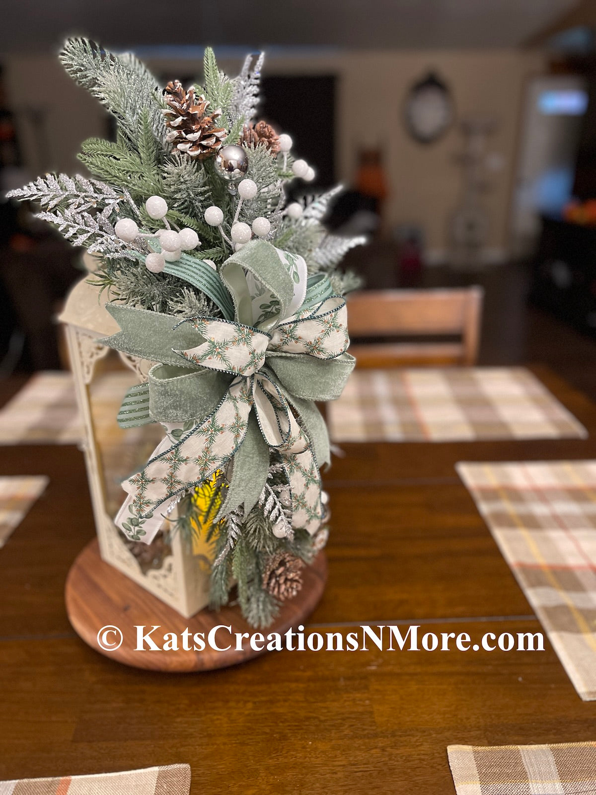 Winter Lantern Swag with Sage Bow & Frosted Greenery