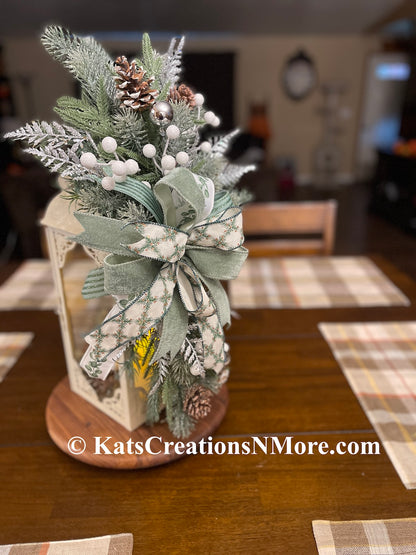 Winter Lantern Swag with Sage Bow & Frosted Greenery