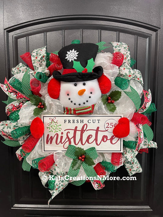 Snowman Mistletoe Christmas Wreath, Winter Seasonal Holiday Front Door Decor, KatsCreationsNMore
