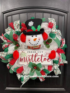 Snowman Mistletoe Christmas Wreath, Winter Seasonal Holiday Front Door Decor, KatsCreationsNMore