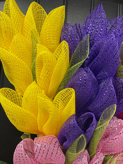 Spring Deco Mesh Tulip Bouquet Wreath, Floral Swag Front Door Decor, KatsCreationsNMore