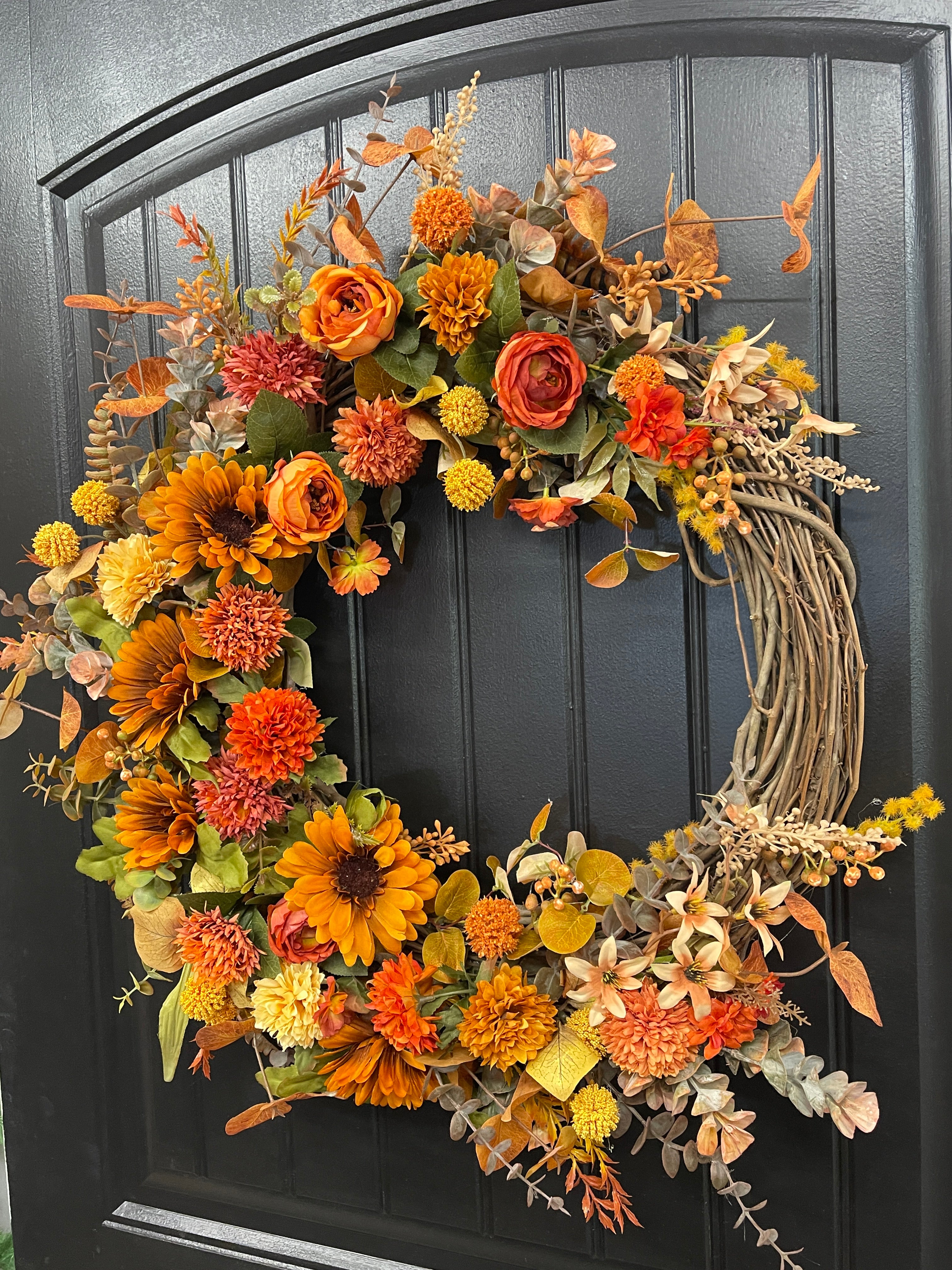 Fall Floral Grapevine, Autumn Front Door Crescent Wreath, KatsCreationsNMore