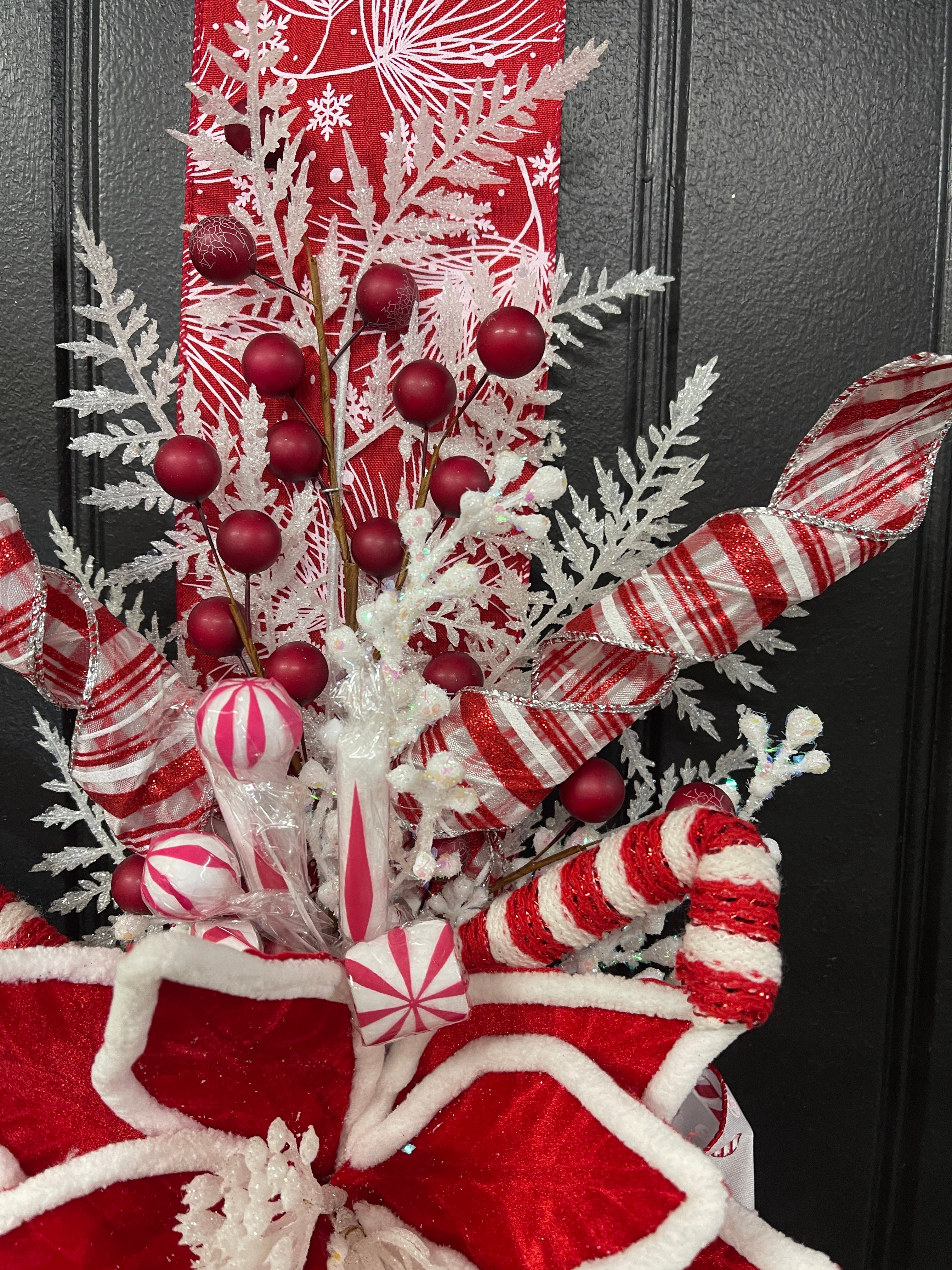 Double Sided Candy Cane Poinsettia Door Ribbon Swag, Holiday Storm Door Decor, KatsCreationsNMore