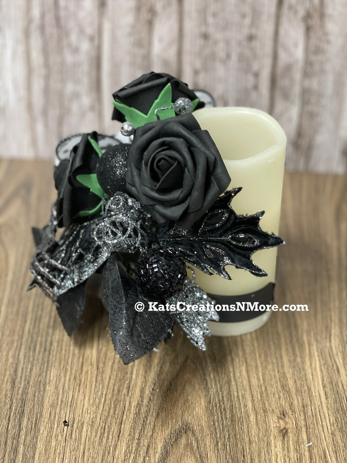Halloween Floral Bottle Bouquet, Spooky Black Rose Centerpiece, Spider Candle Holder Arrangement, KatsCreationsNMore