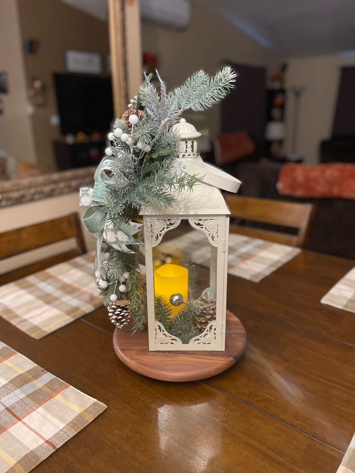 Winter Lantern Swag with Sage Bow & Frosted Greenery