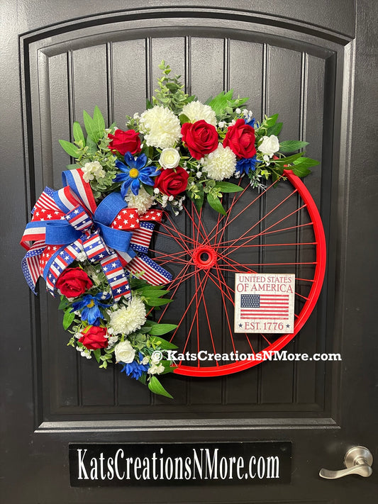 Patriotic Bike Wheel Wreath, Americana Front Door Decor, United States 1776 Wreath, Rustic Farmhouse Patriotic Decor, Memorial Day July 4th Wreath
