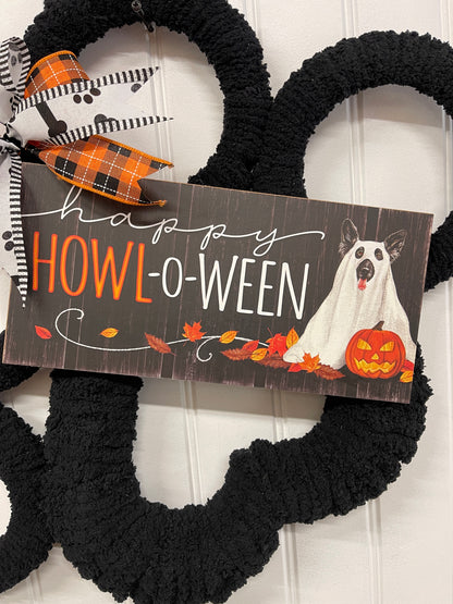 Black Dog Paw Print Chenille Yarn Happy Halloween Wreath by KatsCreationsNMore
